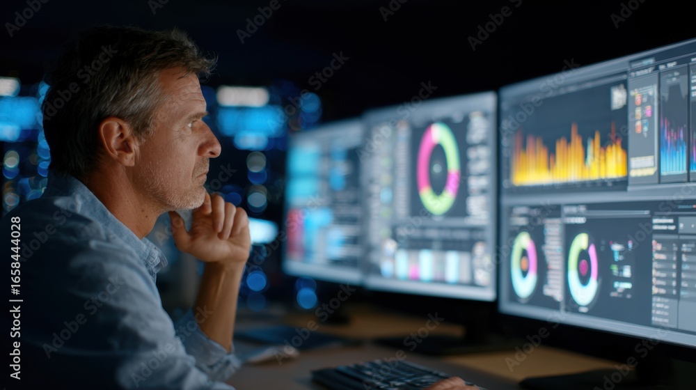 Poster medium shot of crisis communication specialist adjusting filters on a response monitoring dashboard 