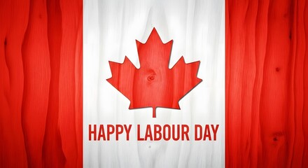 Happy labour day greeting on a textured canadian flag background with a red maple leaf and white text