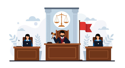 Flat vector illustration of courtroom scene with judge holding gavel and lawyers working on laptops, symbolizing law, justice, corporate governance, business regulation, and legal services