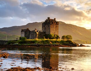 Fototapeta premium Majestic Eilean Donan Castle illuminated by golden sunset light, reflecting in calm waters.