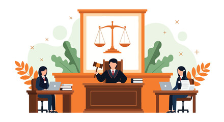 Flat vector illustration of courtroom scene with judge holding gavel and lawyers working on laptops, symbolizing law, justice, corporate governance, business regulation, and legal services