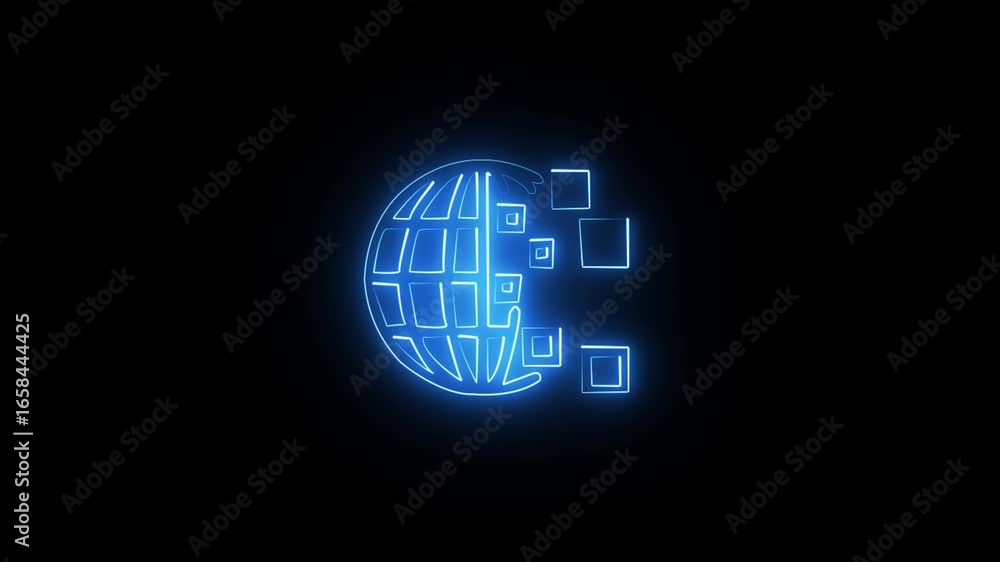 Poster glowing neon globe with data squares abstract animation digital transformation concept global 4k vid