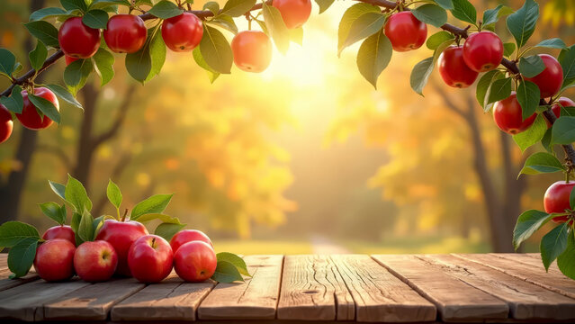 An arch of apple branches with ripe apples above a wooden tabletop on the background of an autumn garden in the rays of the sun
