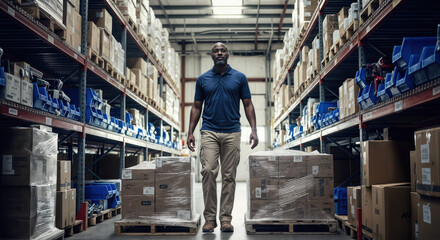 Confident Male Worker Transporting Pallet of Goods in Warehouse