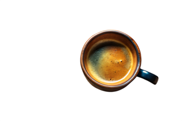 Top view of a cup of strong espresso isolated on transparent background, ready to start the day