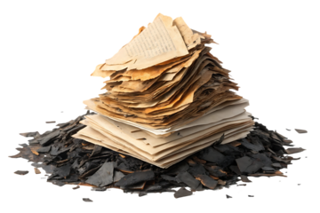 Stack of severely burnt book pages with charred remains scattered around base, isolated on a transparent background