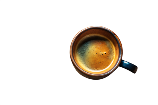 Top view of a cup of strong espresso isolated on transparent background, ready to start the day