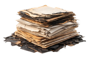 Messy pile of burnt and aged papers with severely damaged corners and mixed conditions, isolated on a transparent background
