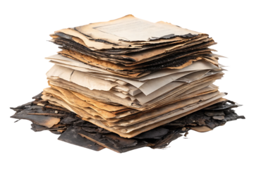 Messy pile of burnt and aged papers with severely damaged corners and mixed conditions, isolated on a transparent background