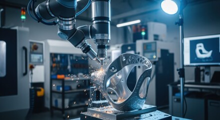 Workshop environment showing robotic milling of metal prosthetic socket frames with detailed geometric patterns.