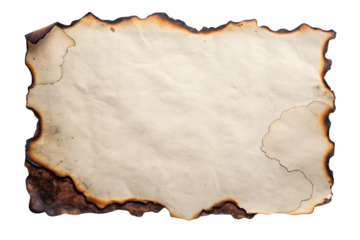 Vintage burned paper fragment with charred borders and natural aging creases displaying antiquated appearance, isolated on a transparent background