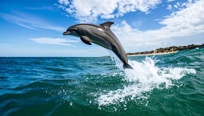 Playful dolphin leaps gracefully above the ocean waves.