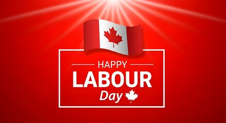 A vibrant red background with bright light rays, featuring a waving canadian flag above a white rectangle with happy labour day text and a maple leaf