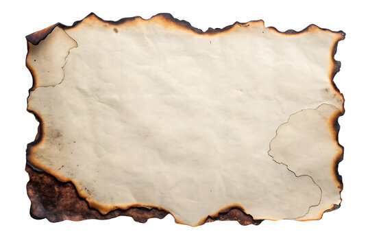 Vintage burned paper fragment with charred borders and natural aging creases displaying antiquated appearance, isolated on a transparent background