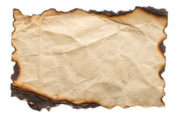 Ancient burnt paper with extensive cracks and charred edges showing significant fire and age damage, isolated on a transparent background