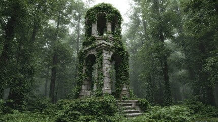 Obraz premium Stone tower overgrown with ivy in misty forest