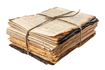 Bundle of old documents tied with twine string showing aged yellow pages and vintage book binding, isolated on a transparent background