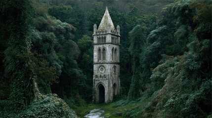 Tower in overgrown forest