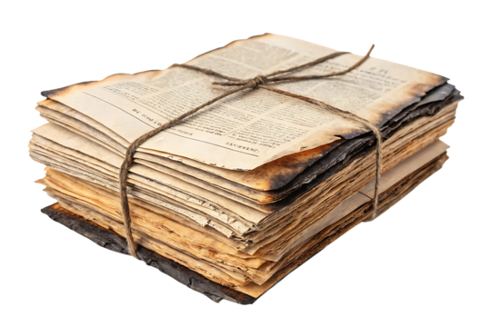 Bundle of old documents tied with twine string showing aged yellow pages and vintage book binding, isolated on a transparent background