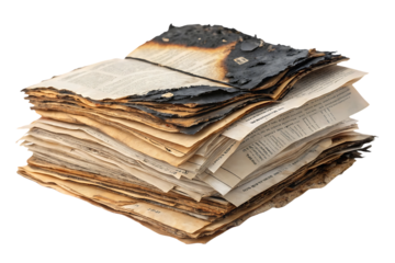 Stack of heavily burnt and charred old books with visible text pages and fire damage, isolated on a transparent background