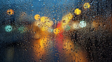 Raindrops on window overlooking city lights at night. AI generated