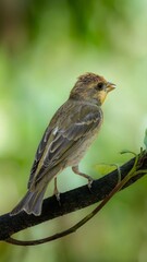 Fototapeta premium Small Songbird Perched on Branch in Natural Setting with Green Bokeh Background