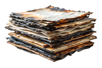 Pile of severely fire-damaged books with burnt pages, charred covers and visible text remnants showing destruction, isolated on a transparent background