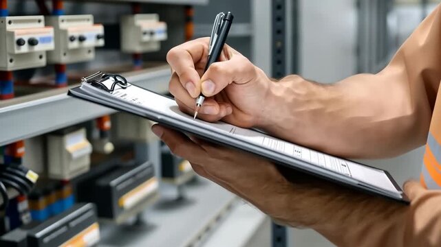 Technician conducts inspection in industrial facility, ensuring safety and functionality of electrical systems during operational hours