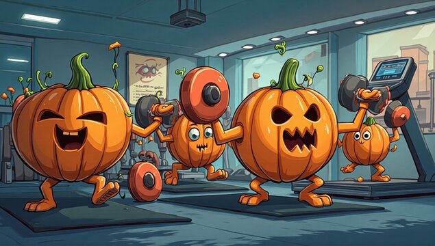 Funny Halloween Pumpkins Weightlifting in Modern Gym Cartoon Illustration