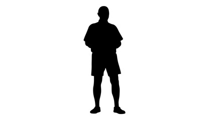 Full shot silhouette of a man in casual clothing, likely shorts and a short-sleeved shirt, standing upright and poised.