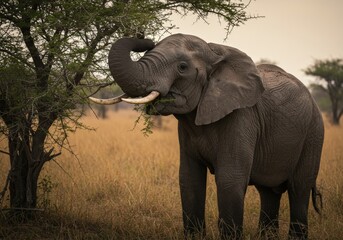 A large African elephant roaming freely in the Serengeti savannah, golden dry grassland with scattered acacia trees, distant hills, clear blue sky with soft clouds, realistic wildlife photography, hig