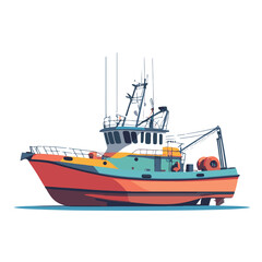 Fototapeta premium Vector art of colorful fishing boat with modern equipment at sea