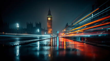 Obraz premium A rainy night at Westminster, featuring blurred traffic lights streaking past the illuminated Big Ben in London.