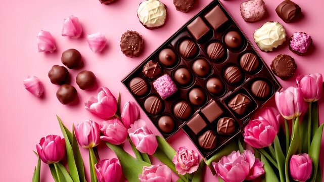 Aerial view of assorted chocolates and tulips on a pink background.