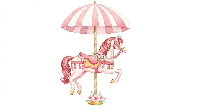 Watercolor illustration of a carousel horse with flowers and a striped umbrella in pastel pink and gold on a white background.