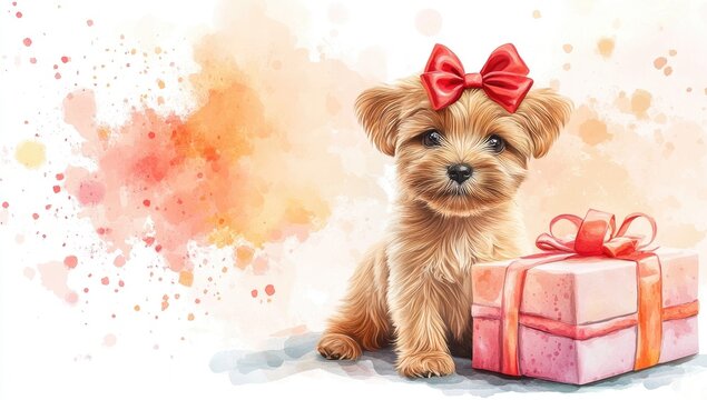Illustration of a cute dog with a bow on its head sitting next to gift boxes, on a light beige background, in a watercolor style with bright colors, including red and orange stripes