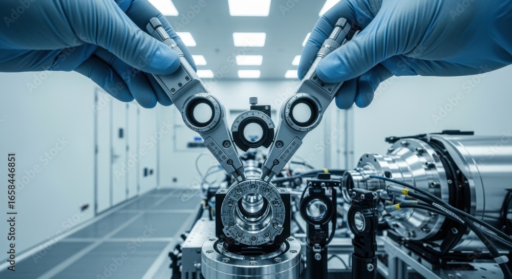 Poster hands holding precision alignment tools above a highenergy laser weapon system inside a rigorously m