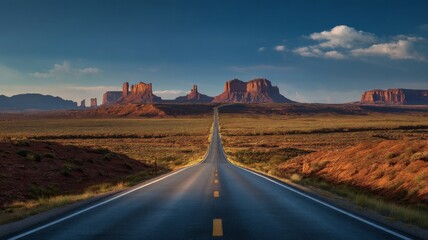 Endless road to monument valley at sunset. AI generated