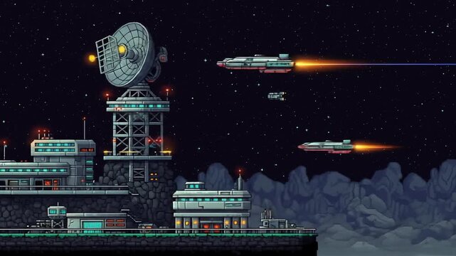 Pixel art futuristic space station with satellite dish in outer space environment.