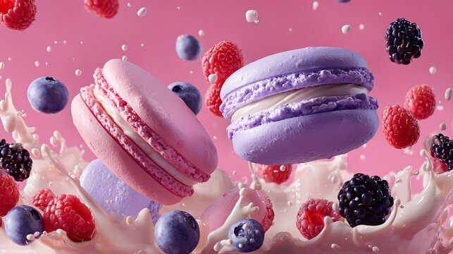 Macarons and mixed berries are splashing in milk on a pink background
