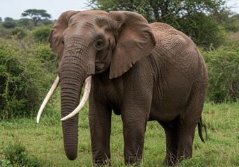 A large African elephant roaming freely in the Serengeti savannah, golden dry grassland with scattered acacia trees, distant hills, clear blue sky with soft clouds, realistic wildlife photography, hig
