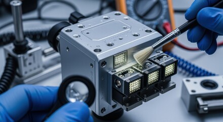 Detailed shot of sensor housing and laser emitter arrays being carefully cleaned and inspected prior to calibration testing.