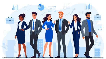 Diverse business professionals standing together with financial charts and city background