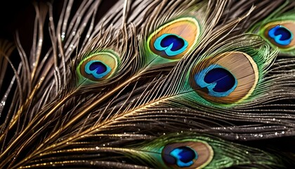 Fototapeta premium Detailed Close-up of Majestic Peacock Feathers, Vibrant Blue and Green Eyespots with Golden Sparkles, Luxury and Elegance Concept for Design.