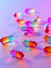 Translucent Medical Capsules Scattered on a Light Purple Surface with Colorful Lighting pill