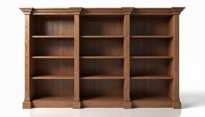 Classic empty wooden bookcase features three sections with multiple shelves. Sturdy wood furniture perfect for home library, study, office organisation. Versatile piece for displaying books, decor,
