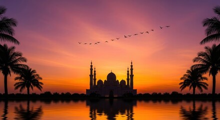 Fototapeta premium Silhouette of a mosque with minarets and domes reflected in water at sunset with palm trees