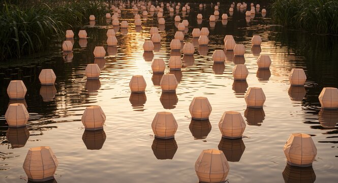Floating Lanterns in Still Water at Dusk, Creating a Serene and Magical Ambiance.