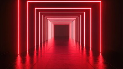 Fototapeta premium Glowing red neon lights in a dark, empty, futuristic corridor background, an AI generative technology concept.