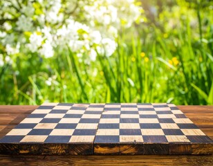 Wooden chessboard on a rustic table outdoors, with a blurred background of blooming trees and grass